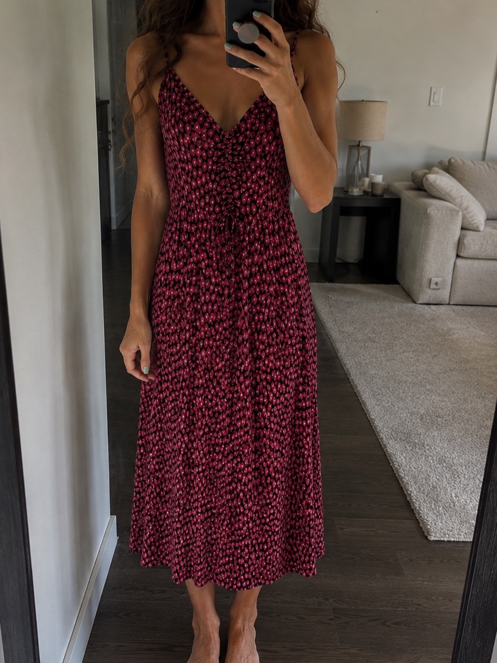 MANGO Patterned Midi Dress with Spaghetti Straps